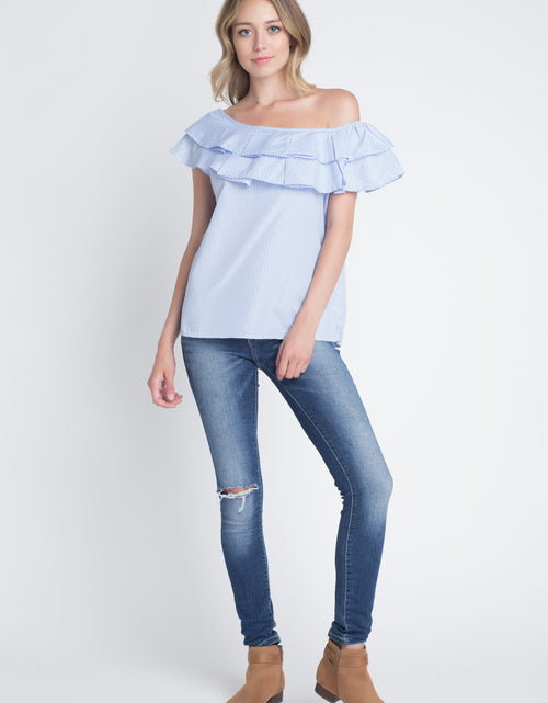 Load image into Gallery viewer, Women&#39;s Striped Off Shoulder Ruffle Stripe Blouse
